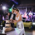 newlyweds, wedding cake, wedding party