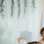 light decoration newlyweds table, bride waiting for groom